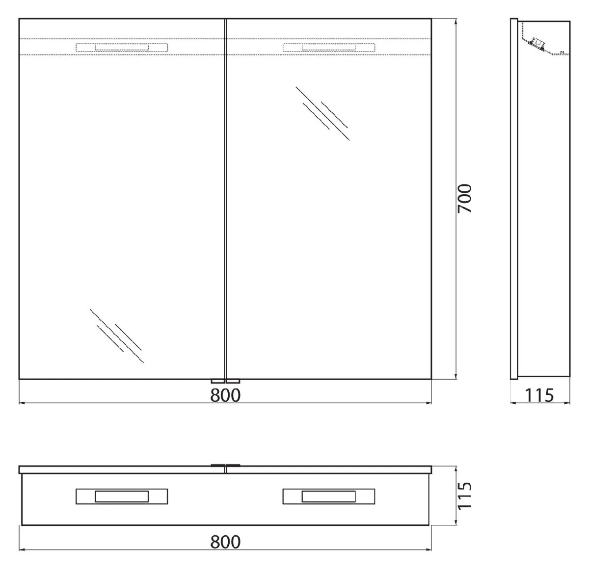 Габаритная схема Зеркало-шкаф BelBagno SPC-2A-DL-BL-800