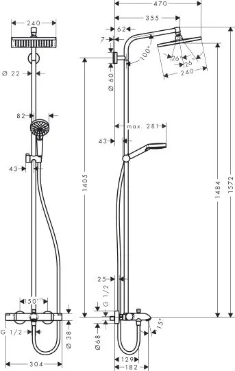 Габаритная схема Душевая стойка Hansgrohe Crometta E 27298000