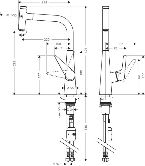 Габаритная схема Смеситель Hansgrohe Talis Select S 72821000 для кухонной мойки