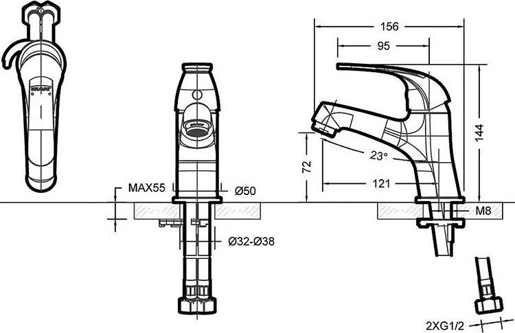 Габаритная схема Смеситель Bravat Fit F1135188CP-RUS для раковины
