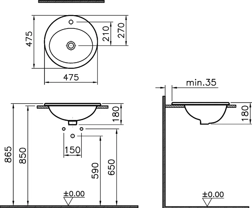 Габаритная схема Раковина Vitra S20 5467B003-0001 50 см