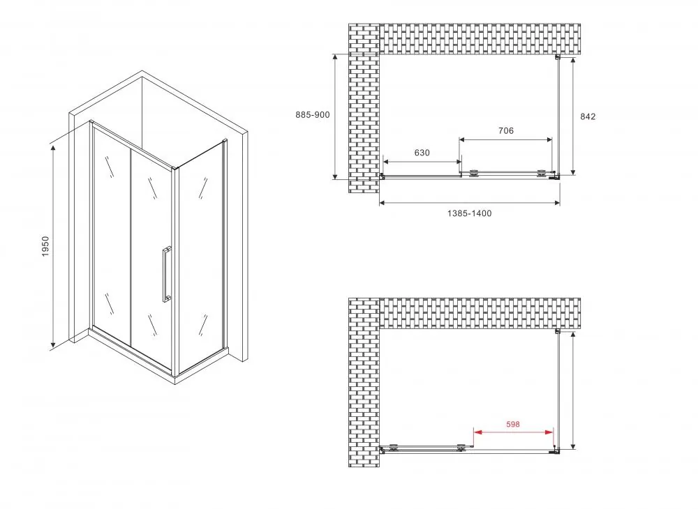 Габаритная схема Душевой уголок Abber Schwarzer Diamant AG30140MH-S90M 140x90