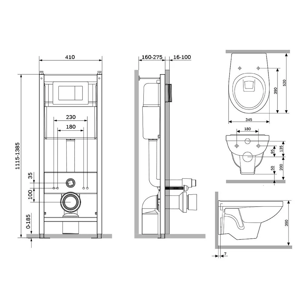 Габаритная схема Комплект Damixa Jupiter DX77.IS10101.1738 кнопка смыва белая