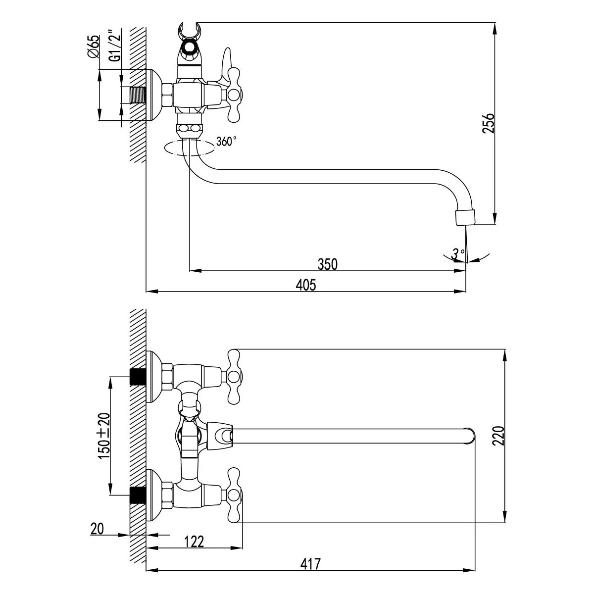Габаритная схема Смеситель Lemark Standard LM2151C для ванны с душем