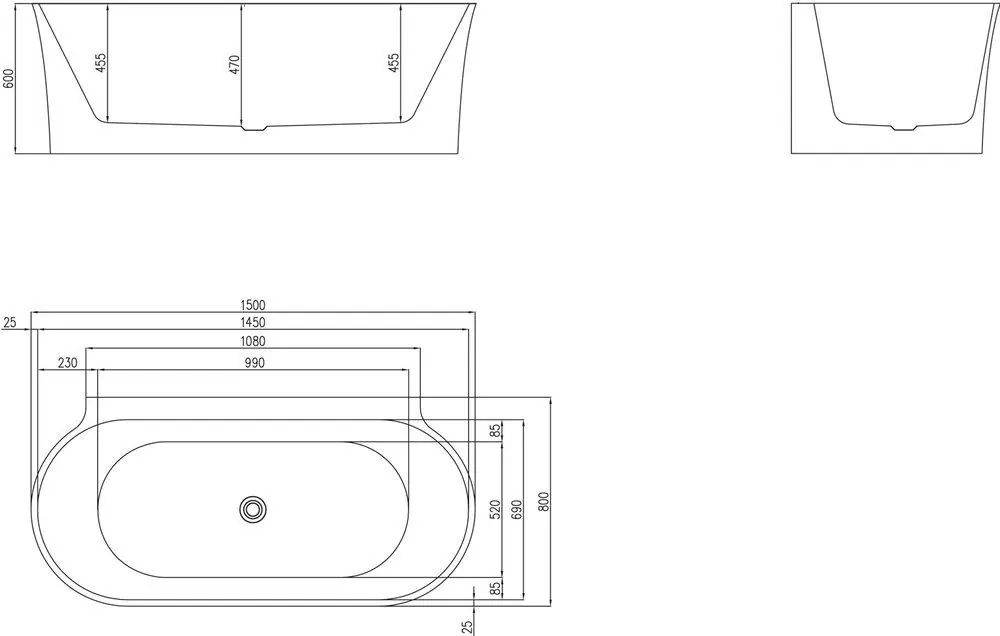 Габаритная схема Акриловая ванна BelBagno BB409-1500-800 150х80