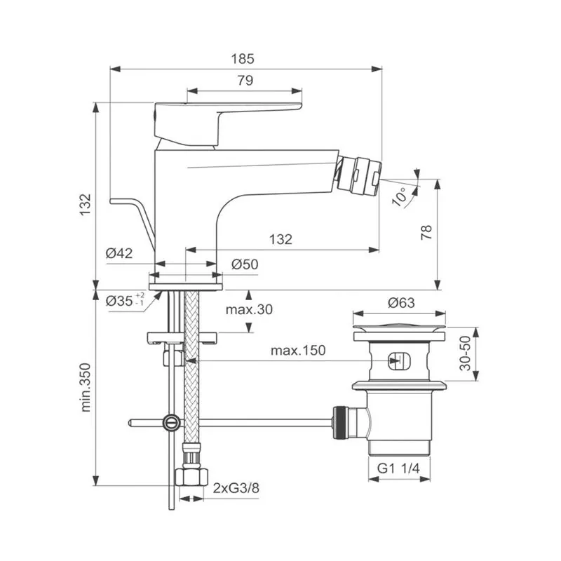 Габаритная схема Смеситель Ideal Standard Cerafine O BC705XG для биде, черный матовый
