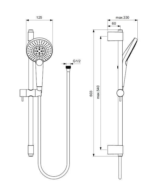Габаритная схема Душевой гарнитур Ideal Standard IdealRain Evo Jet Round XL3 B1761AA