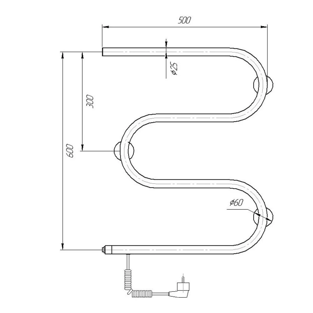Габаритная схема Полотенцесушитель электрический Domoterm М-образный 50x60 L