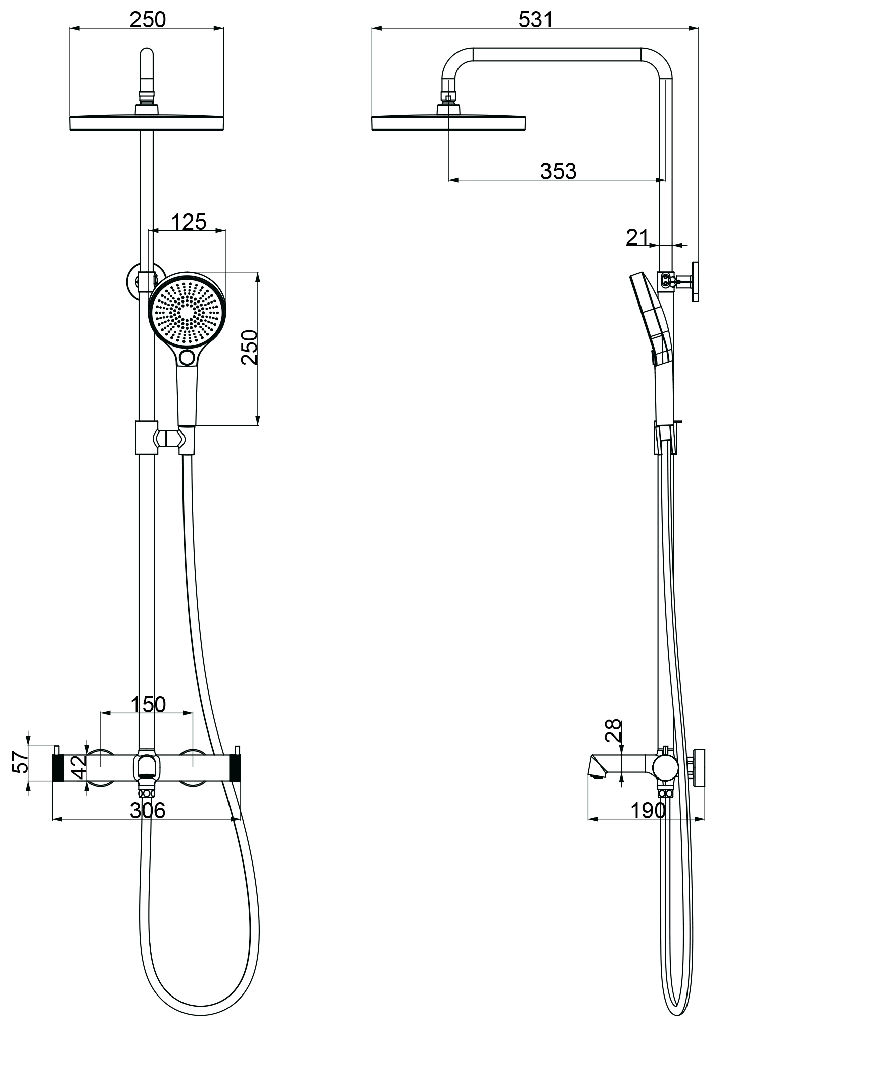 Габаритная схема Душевая стойка Vincea Рим (Rim) VSFS-2RM1CH
