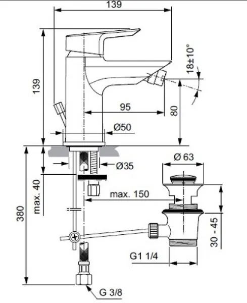 Габаритная схема Смеситель Ideal Standard Tesi A6579AA для биде