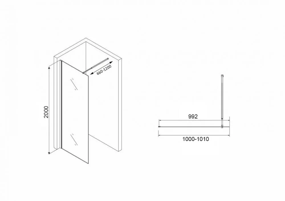 Габаритная схема Душевая перегородка Abber Immer Offen AG61101R8 100x200