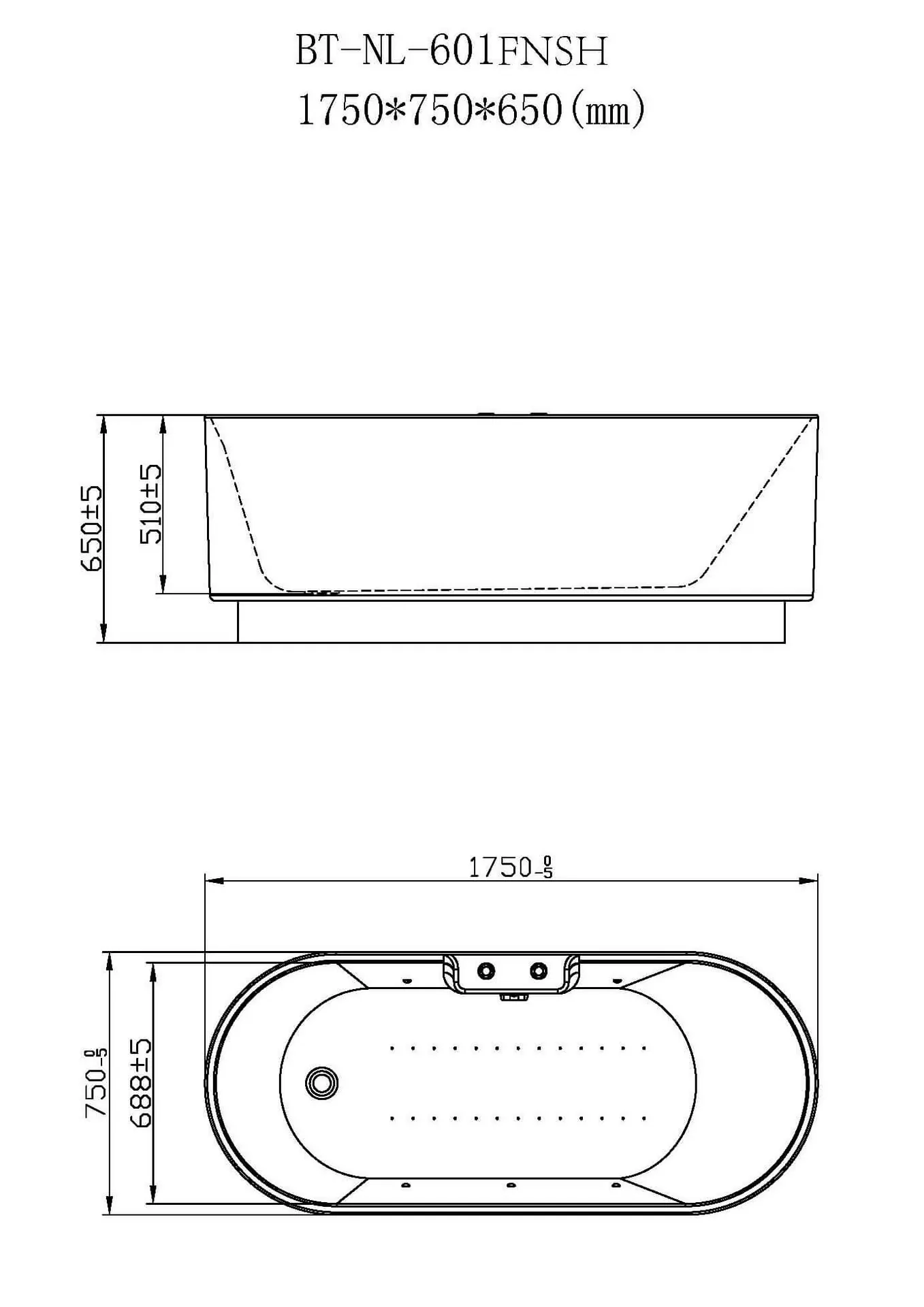 Габаритная схема Акриловая ванна Orans 601FTSHW 175x75 белый