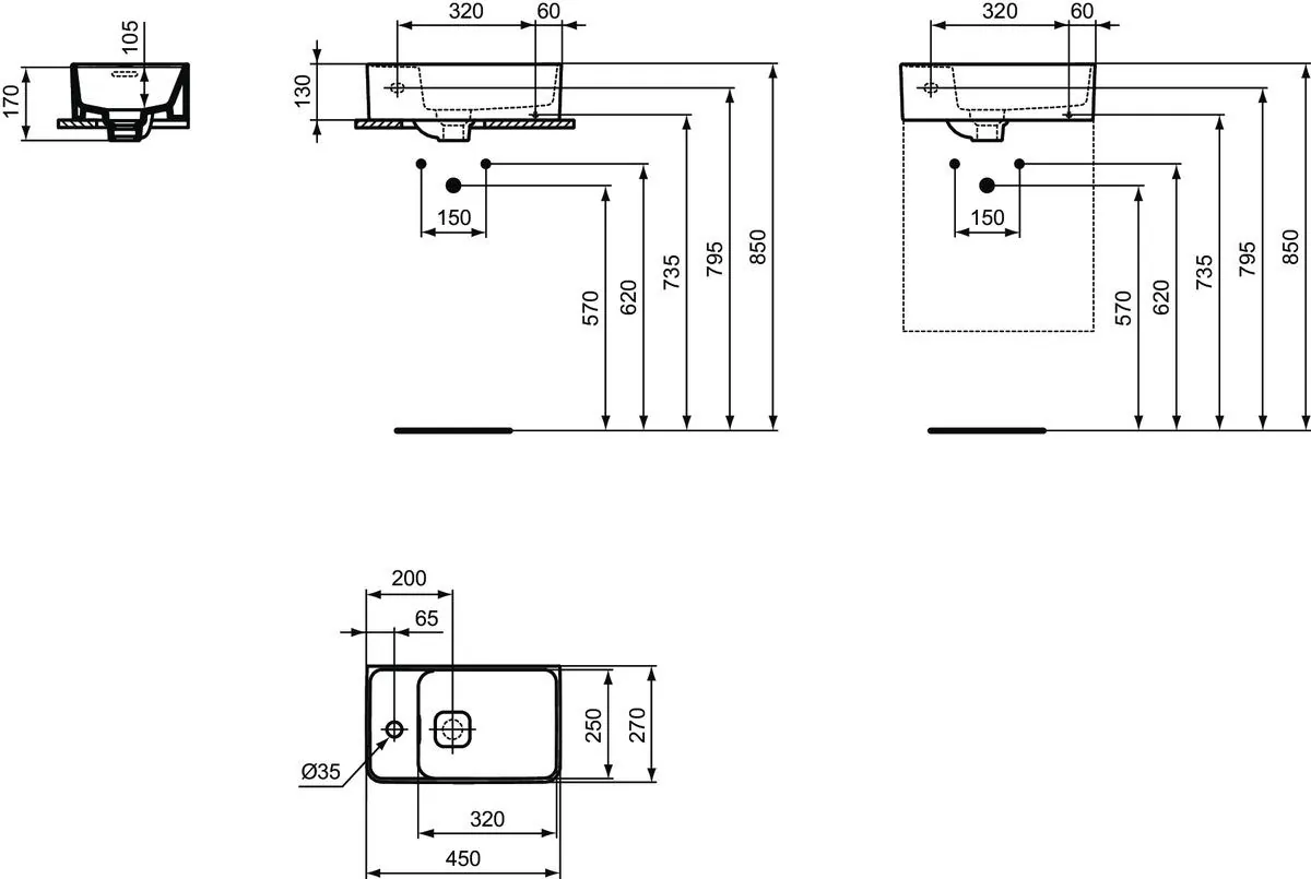 Габаритная схема Раковина Ideal Standard Strada II T299501 45 см