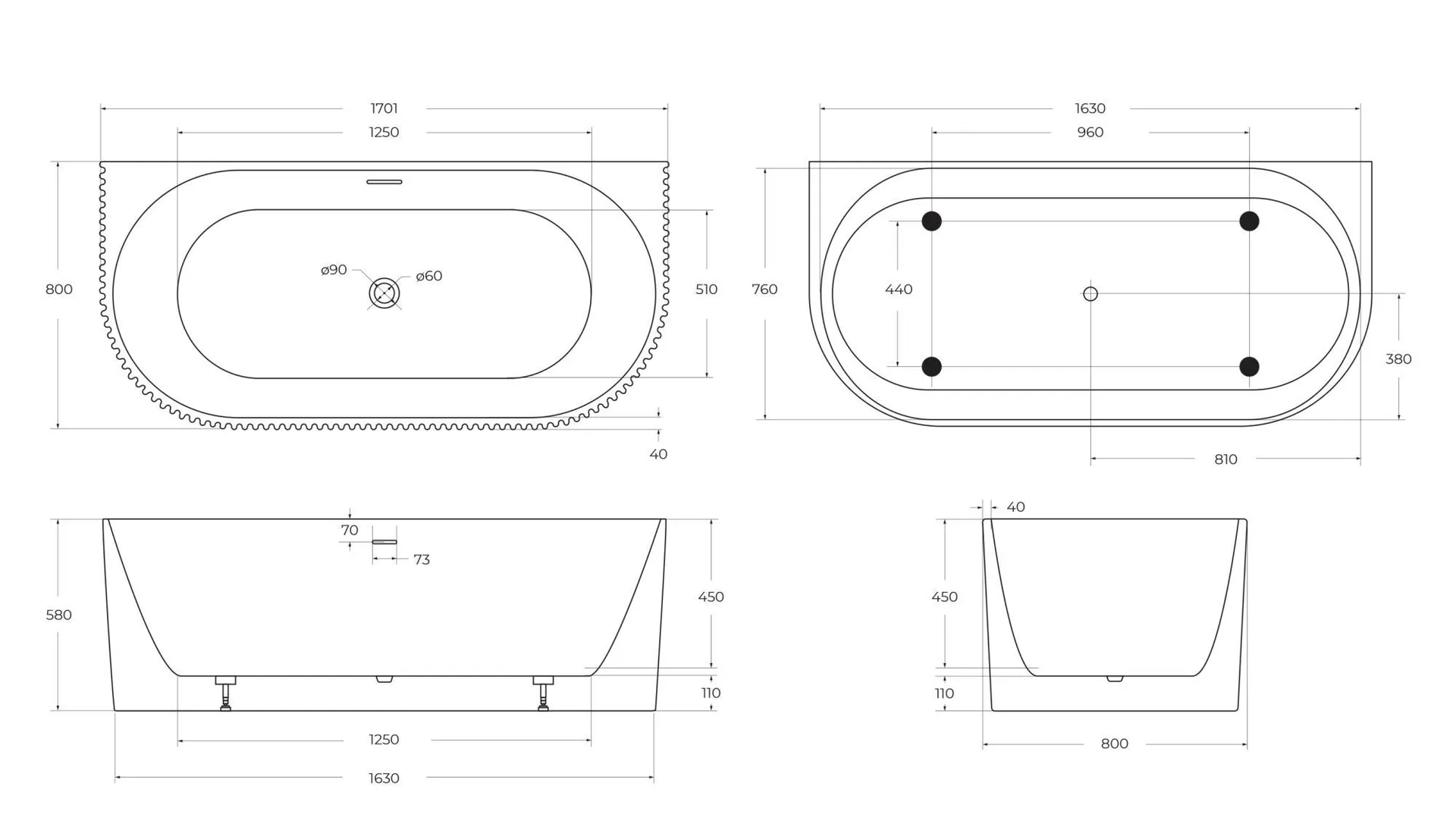 Габаритная схема Акриловая ванна BelBagno BB713-1700-800 170x80