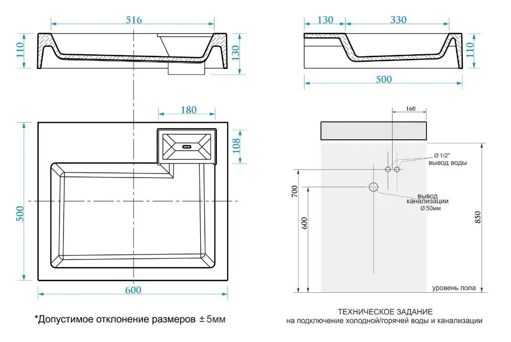 Габаритная схема Раковина Azario Etna CS00078303 60 см
