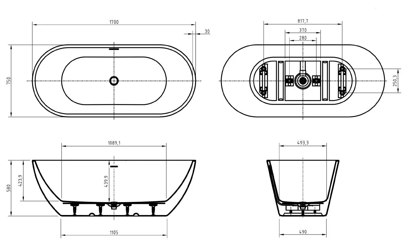 Габаритная схема Акриловая ванна BelBagno Uno BB701-1700-750-K 170x75