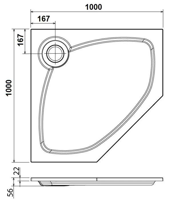 Габаритная схема Поддон для душа Cezares TRAY-S-P-100-56-W