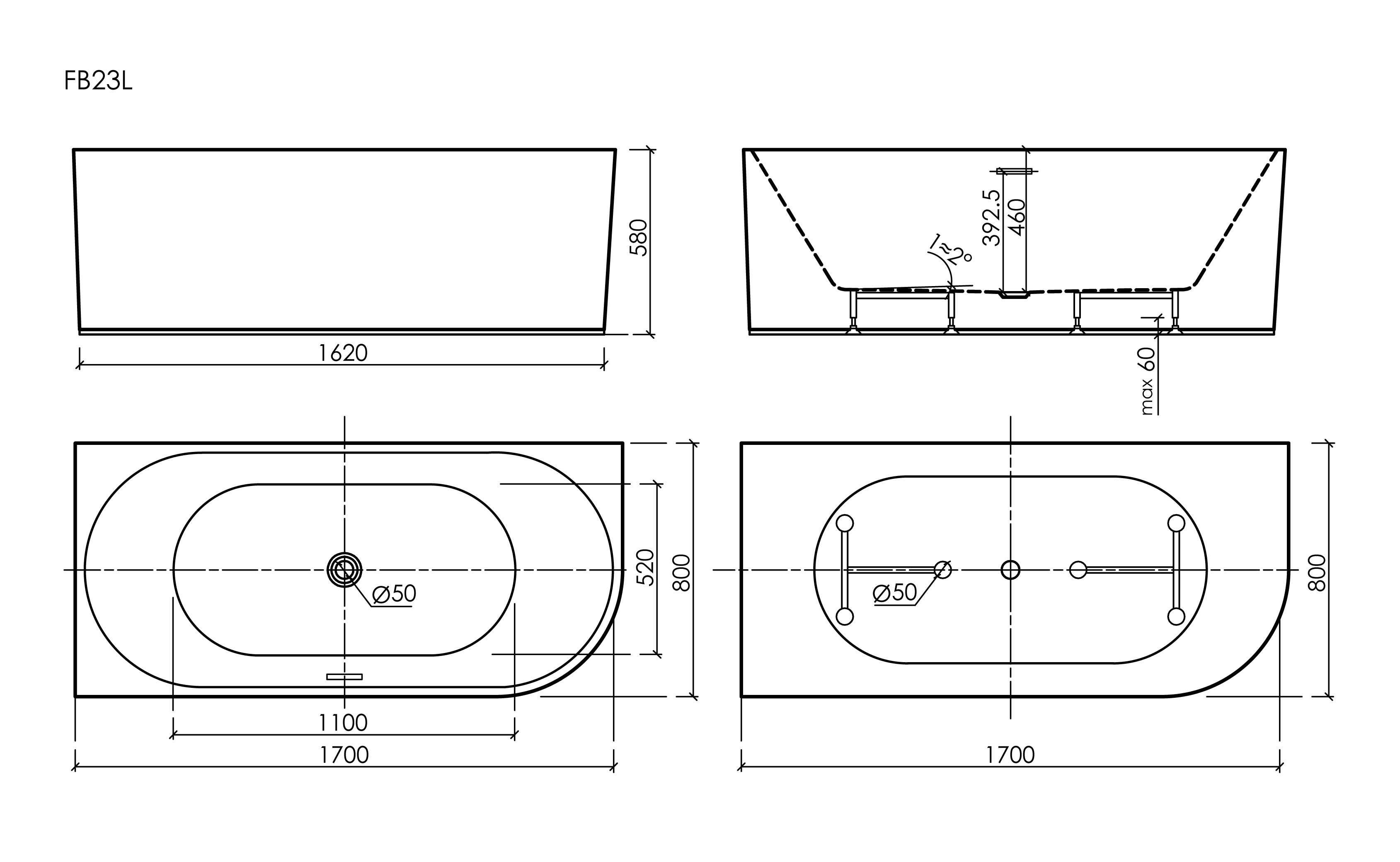 Габаритная схема Акриловая ванна Sancos Грань (Edge) FB23L 170x80