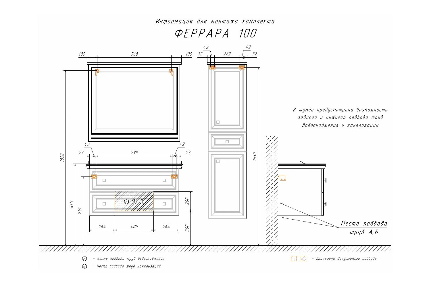 Габаритная схема Зеркало Comforty Феррара 100 белый глянец