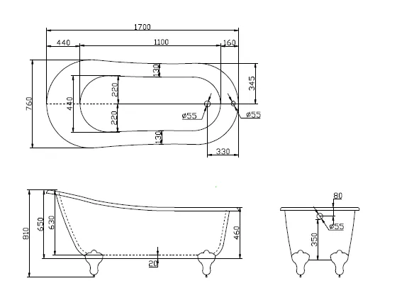 Габаритная схема Акриловая ванна BelBagno BB06-1700 170х76