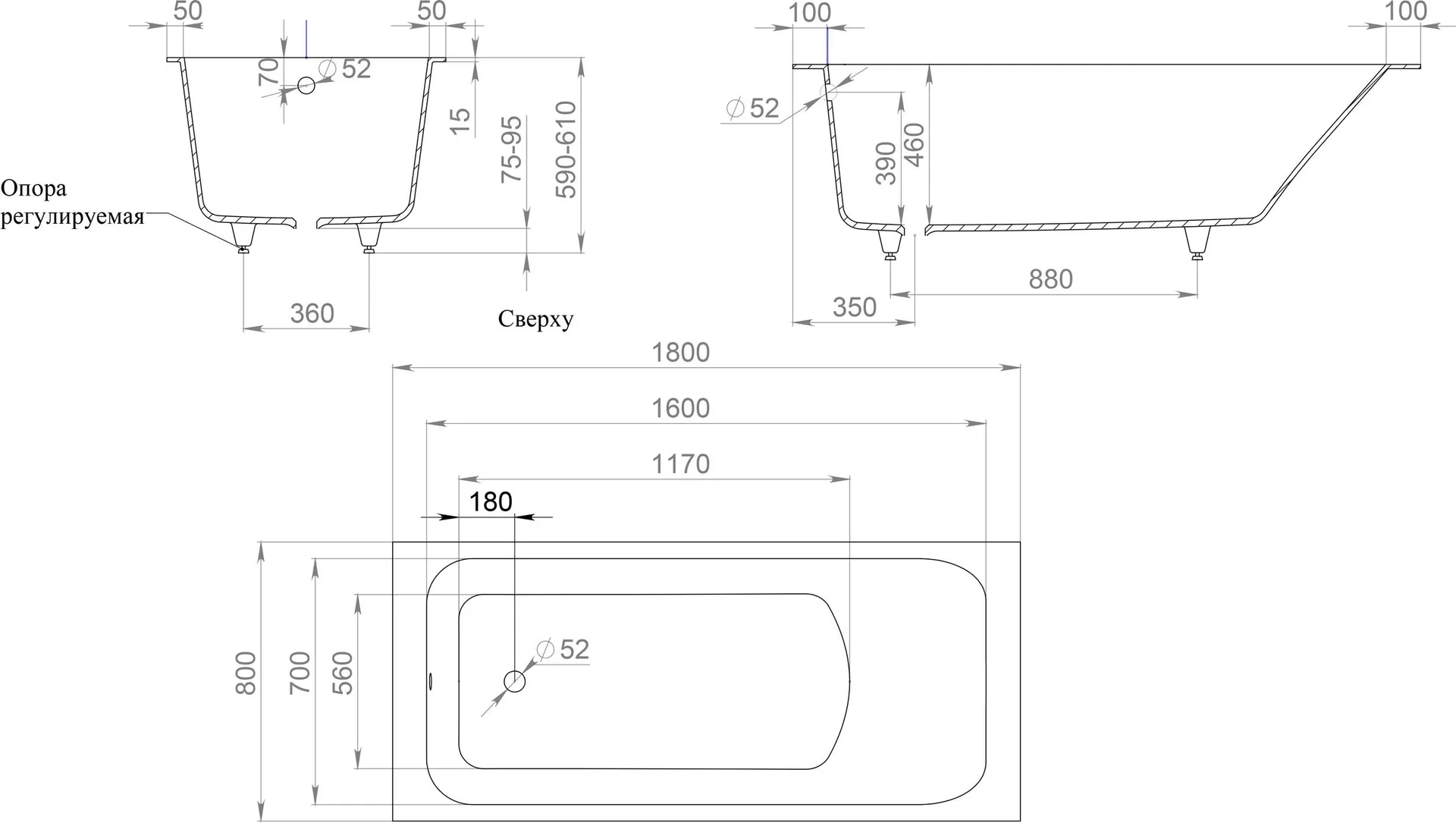 Габаритная схема Ванна из искусственного камня Salini Orlando 102012G 180х80