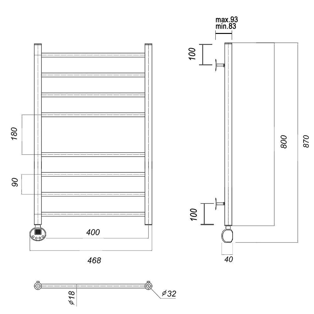 Габаритная схема Полотенцесушитель электрический Domoterm Медея 40x80 L