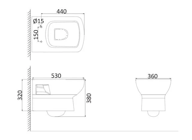 Габаритная схема Унитаз подвесной Creo Ceramique Tours тонкое сиденье