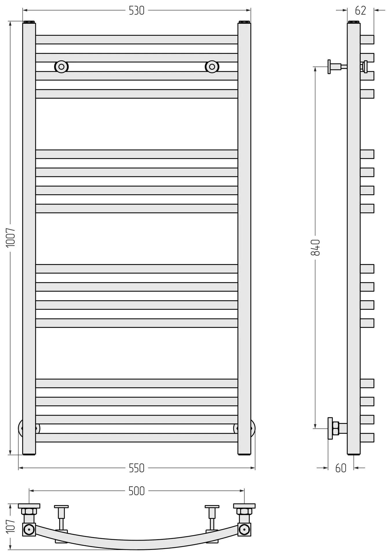 Габаритная схема Полотенцесушитель водяной Сунержа Аркус 100х50 без покрытия