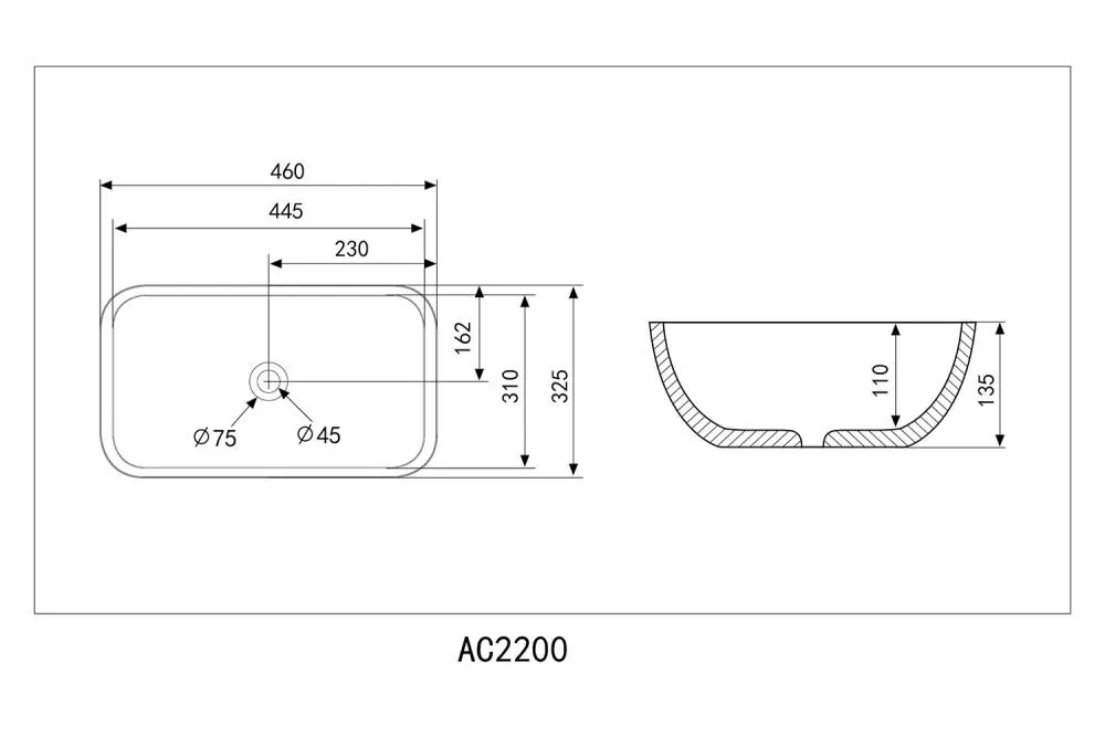Габаритная схема Раковина Abber Rechteck AC2200GS