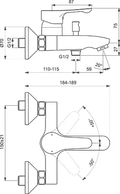 Габаритная схема Душевой комплект Ideal Standard Alpha BD004AA
