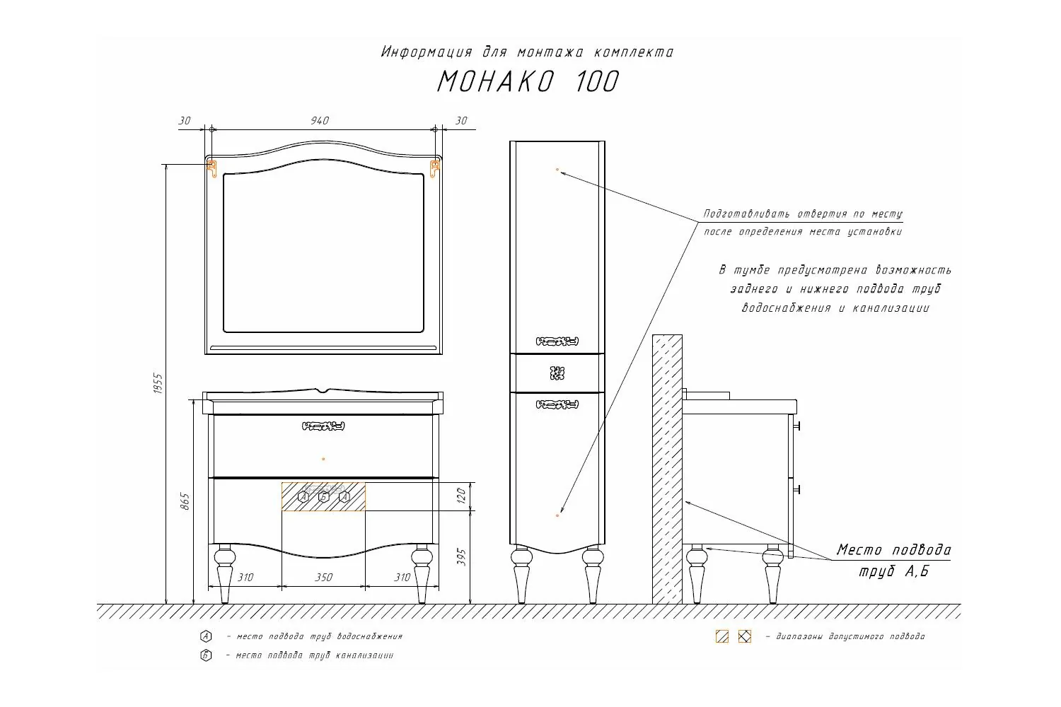 Габаритная схема Зеркало Comforty Монако 100 белый глянец