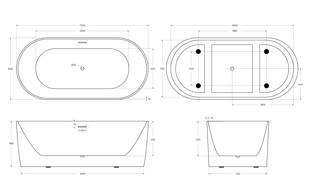 Габаритная схема Акриловая ванна BelBagno BB411-1700-800-MATT 170х80