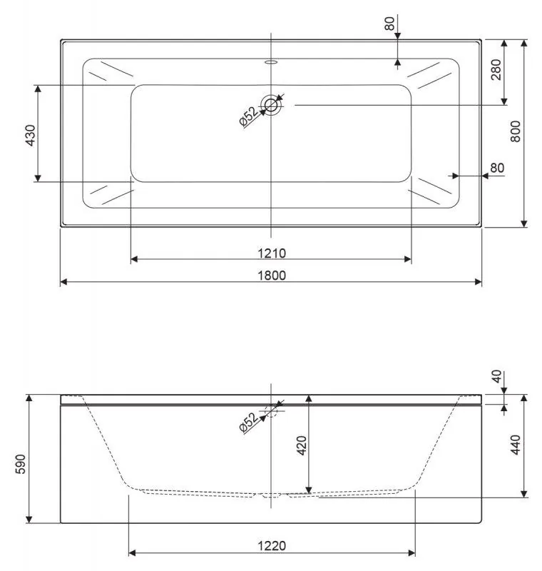 Габаритная схема Акриловая ванна Cezares Plane mini 180-80-42