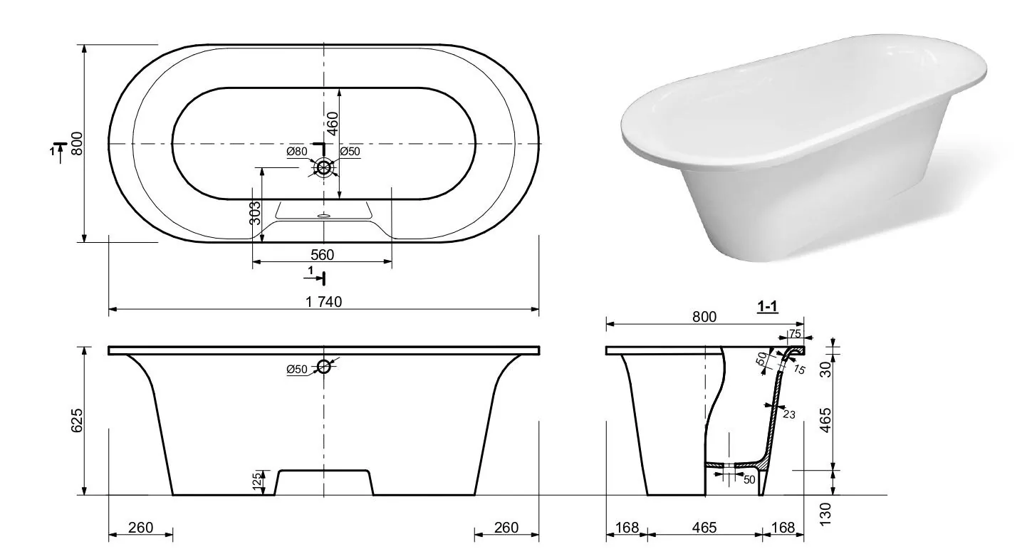 Габаритная схема Ванна из искусственного камня Эстет Лион 174x80 ФР-00000684