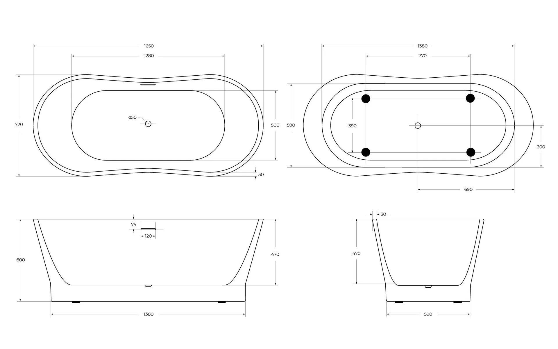 Габаритная схема Акриловая ванна BelBagno BB406-1650-730 165x70
