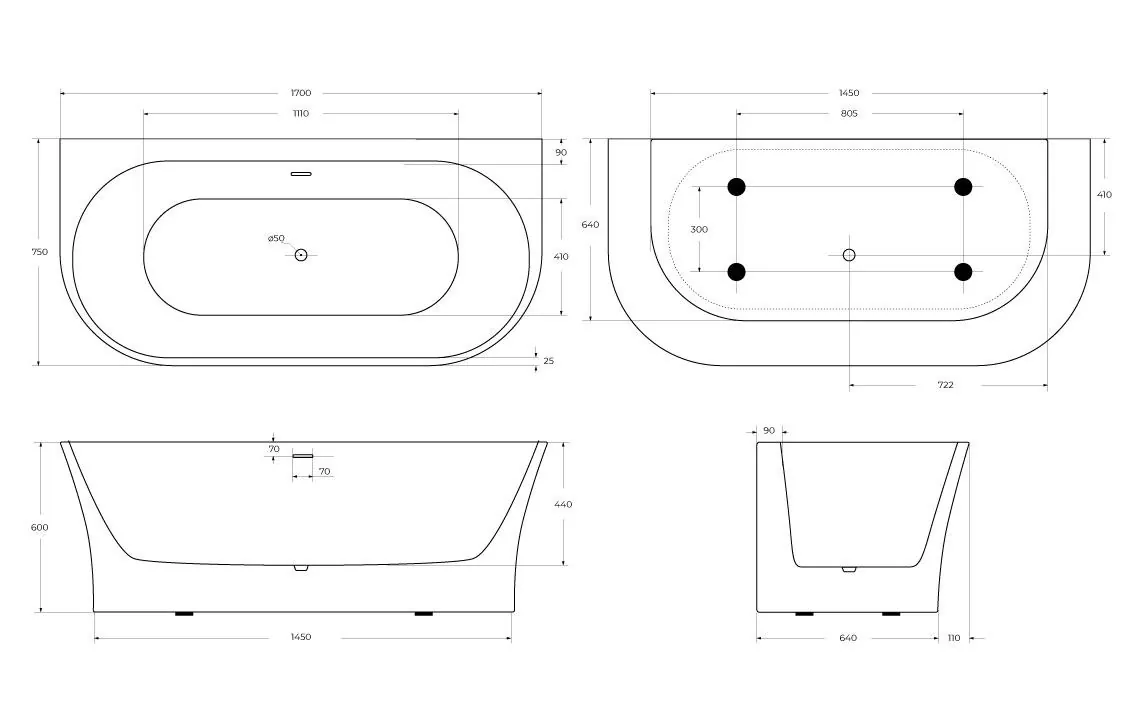 Габаритная схема Акриловая ванна BelBagno BB711-1700-750 170x75