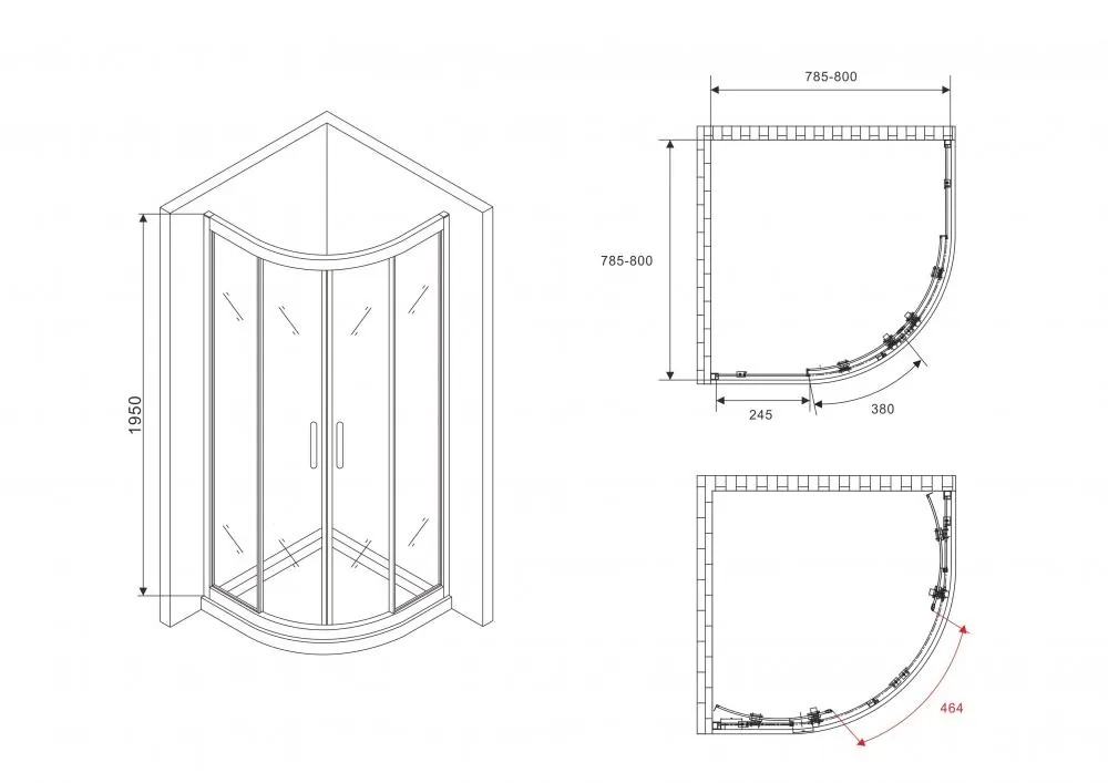 Габаритная схема Душевой уголок Abber Schwarzer Diamant AG01080M 80x80