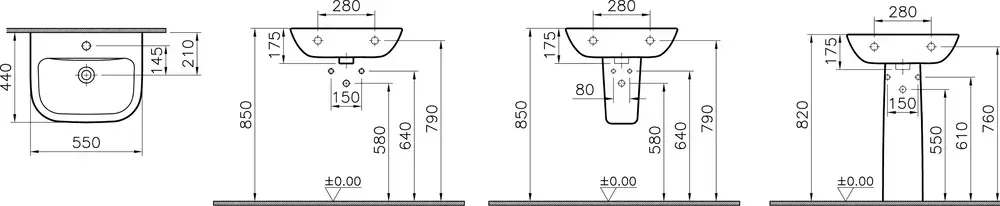 Габаритная схема Раковина Vitra S20 5502B003-0001 55 см