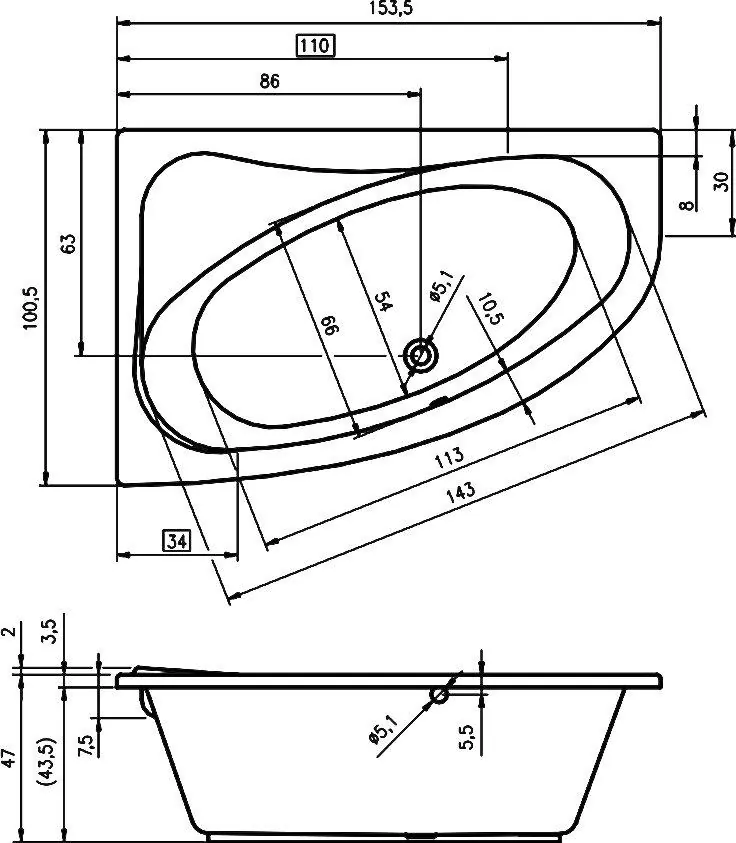 Габаритная схема Акриловая ванна Riho Aryl 153x100 R