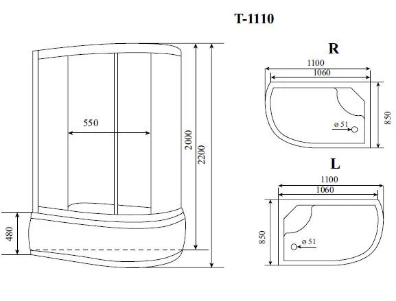 Габаритная схема Душевая кабина Timo Standart T-1110 R