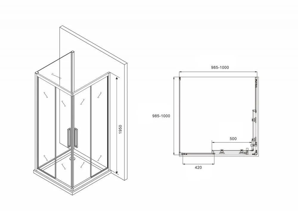 Габаритная схема Душевой уголок Abber Schwarzer Diamant AG02100BH-S100B 100x100