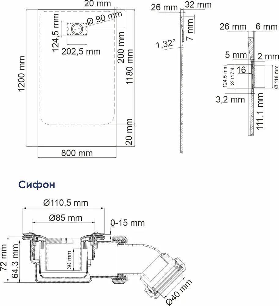 Габаритная схема Поддон для душа Wasserkraft Main 41T06 120x80 см
