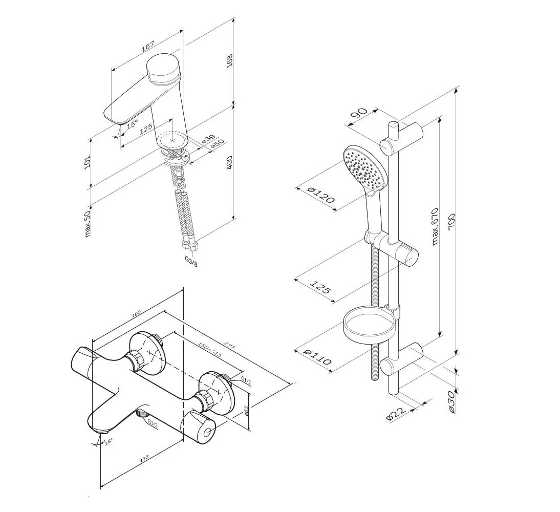 Габаритная схема Душевой комплект AM.PM Inspire V2.0 F40950A02