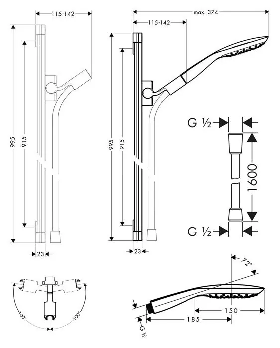 Габаритная схема Душевой гарнитур Hansgrohe PuraVida 27853400