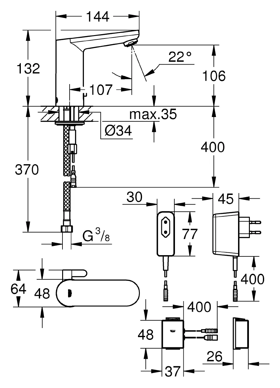 Габаритная схема Смеситель Grohe Eurosmart Cosmopolitan E 36325001 для раковины