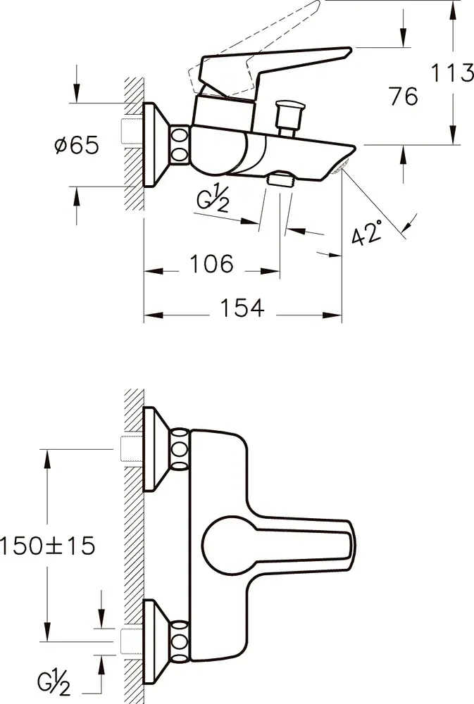 Габаритная схема Смеситель Vitra Solid S A42444EXP для ванны с душем