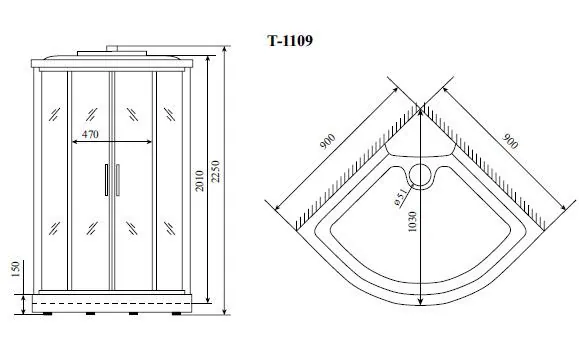 Габаритная схема Душевая кабина Timo Standart T-5509