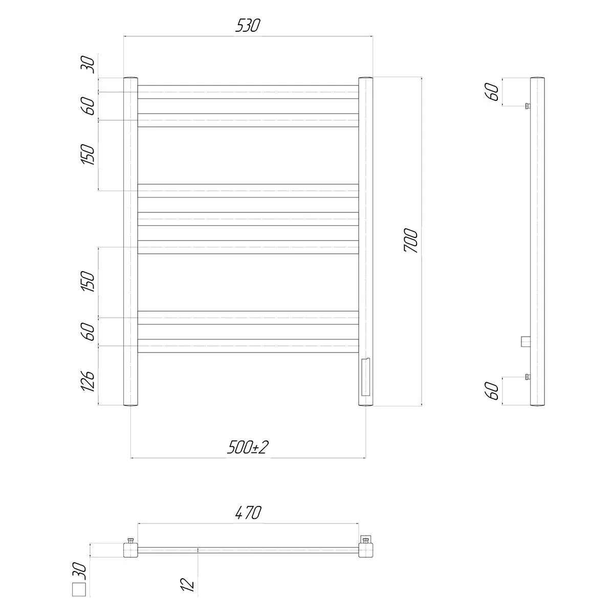 Габаритная схема Полотенцесушитель электрический Lemark Melange П7 50x70