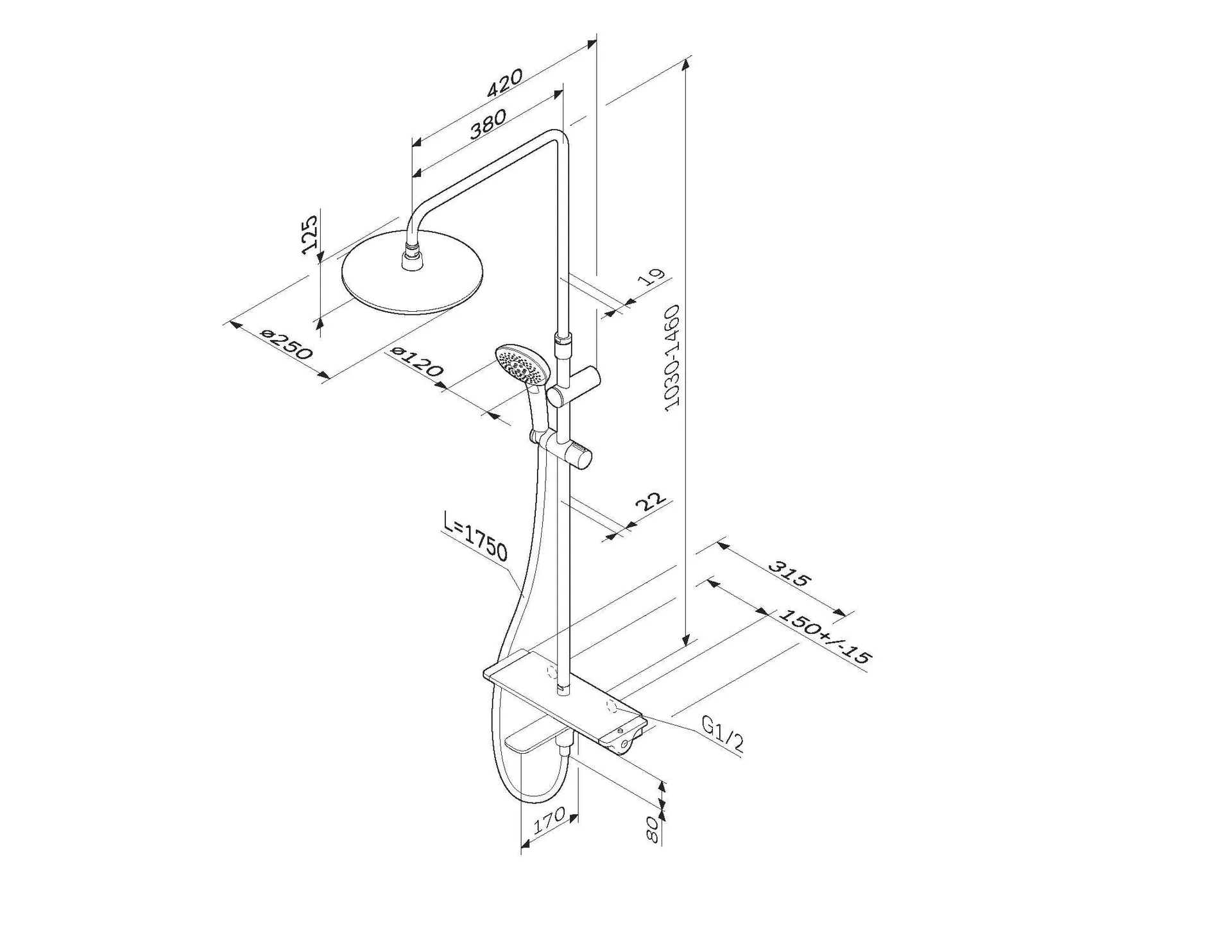 Габаритная схема Душевая стойка AM.PM Spirit 2.0 F0770A500