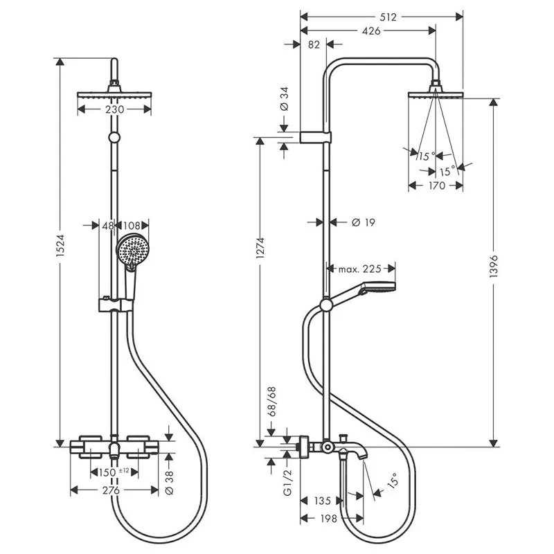 Габаритная схема Душевая стойка Hansgrohe Vernis Shape 26284000